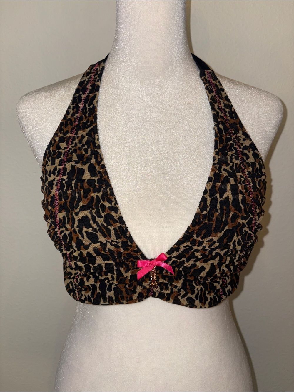 Betsey Johnson vintage Y2K Leopard Print Halter Bikini Top with Pink Bow